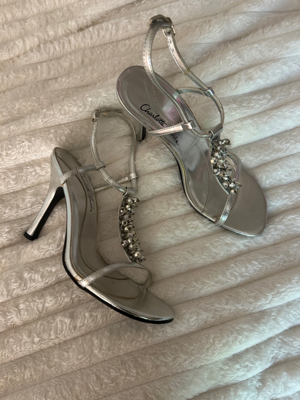 Y2K Charlotte Russe Silver Jeweled T-Strap Stiletto Sandals